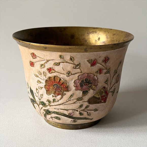 Vintage Solid Brass Floral Planter Hand Painted Flower Pot Rustic Boho Decor - Picture 1 of 7